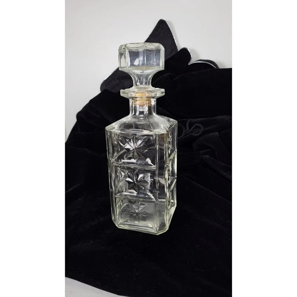 Vintage MCM Cut Glass Square Federal Whiskey Liquor Decanter & Stopper Barware